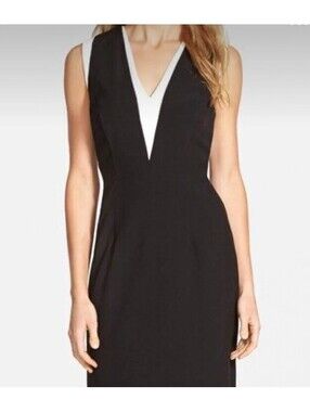 Vince Camuto Black Sheath Dress Illusion V Neck Sleeveless Career - Size 6